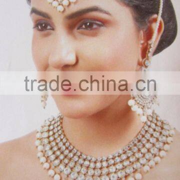 CRYSTAL PEARL Gold plated kundan Pendant necklace CHAND BALI EARRING set