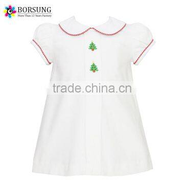 2017 Plain White Xmas Tree Embroidery Kids Clothes Peter Pan Neck Fashion Girls Christmas Smocked Dresses