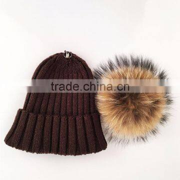Myfur Super Size Raccoon Fur Pom Pom Detachable Fur Ball Knit Hat