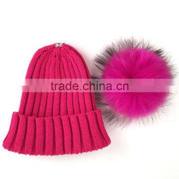 Myfur Hot Pink Fluffy Raccoon Fur Ball Knitted Beanie Hat for Fashion Lady