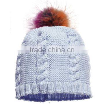 Myfur Latest Design Children Cable Knitted Hat with Raccoon Fur Pompom