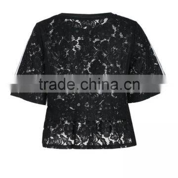 2016 Ladies Black Lace Loose Style Short Sleeve O-neck Shirt/blouse photo-2