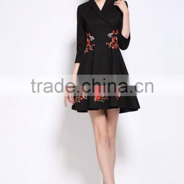 Ladies Autumn/winter V Neck 3/4 Sleeve Embroidered A-line Dress