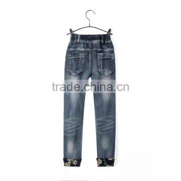 New Products Good Quality Elastic Waist Roll up Hem 3D Rose Printing Blue Wholesale Jeans Pants for Kids photo-2