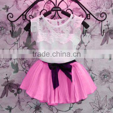 New sleeveless Lace Chiffon bowknot belt Pleated skirt hot selling girls party dresses