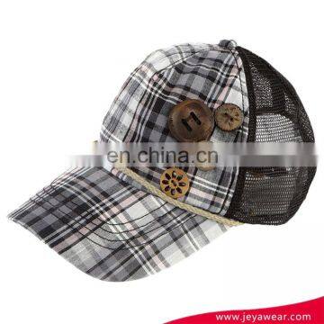 Plaid mesh trucker baseball cap washed hat with wooden button