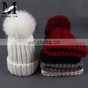 New And Fashion Cute Real Fox Fur Ball Kids Hats Winter Crochet Baby Girl Hat