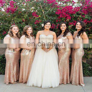 Custom Made Golden Elegant Backless Sequins Sleeveless Mermaid Ruffles Floor Length Bridesmaid Dress