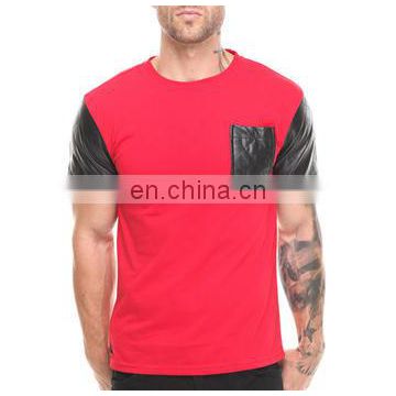 fashion t shirts with PU Leather pocket and sleeves - man newest fashion leather body t shirts