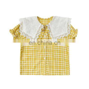 8278/Original brand luxury kids shirt baby girls boutique fresh plaid top with lace turn down collar