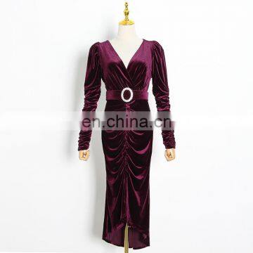 TWOTWINSTYLE Elegant Dresses For Women V Neck Long Sleeve High Waist With Belt Slimming Ruched Patchwork photo-7