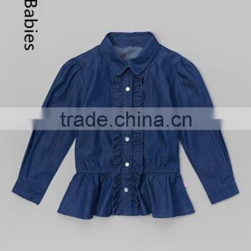 Bulk wholesale kids clothing girls blue denim ruffle button up top