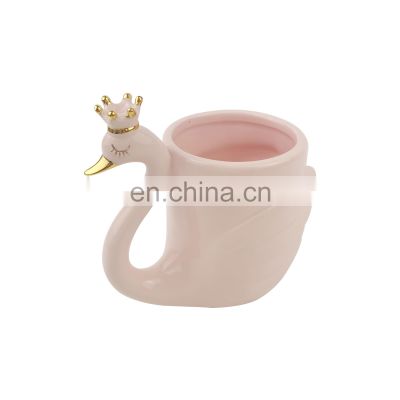 custom 3d creative swan animal shape pink handmade novelty cartoon ceramic coffee art cup and mug gift set