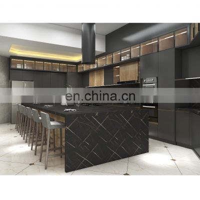 Black Matt Lacquer European Style Ready Assemble Modular Islands Handless Laminated Modern Custom Kitchen Cabinet