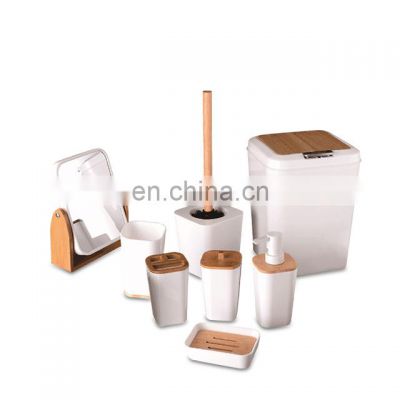 Home decoration trendy standing toilet brush holder bamboo plastic bathroom tidy sets accessory