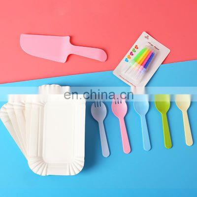 Disposable Birthday 5 Plates 5 Forks Cake Knife Set with candle to choose Multi-color Party Supplies Tableware Set