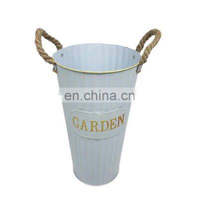 New Design Wholesale Home Decor Floor Garden Waterproof Plants Antique White Metal Stand Painting Flower Pots With Hemp Handle Flower Vase