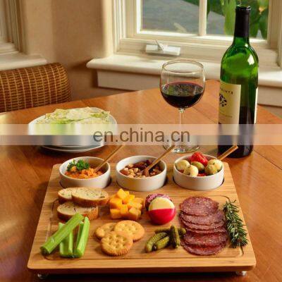 Hot Selling Eco Friendly Organic Bamboo Cheese Board With 3 Ceramic Bowl