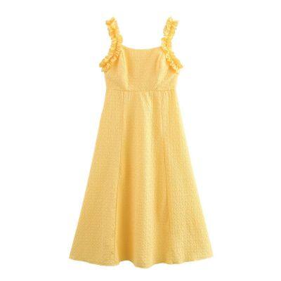 New women's solid color pullover square neck sleeveless textured camisole mid length dress