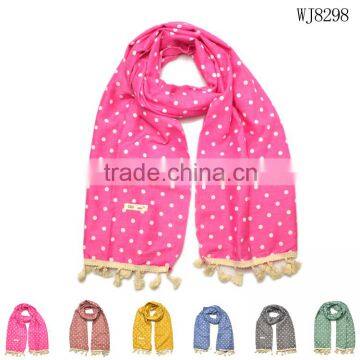 Wholesale Latest Polka Dot Printed Cotton Linen Children Girls Scarf With Tassels