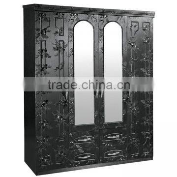 wardrobe 4 doors black color flower fashional design with middle mirrors