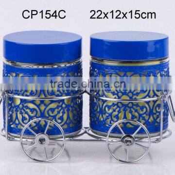 CP154 2pcs glass jar set with metal casing and rack