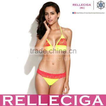 RELLECIGA 2016 Lace Collection -New Neon Yellow + Cross Red Lace Bikini Swimsuit with Triangle Top and Brazilian Cut Scrunch But