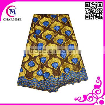 Multi color fashion fabric coffee with gold with blue color african lace cotton fabric