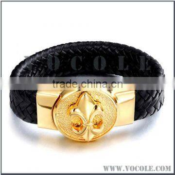 High quality gold metal clasp braided leather bangle bracelet for men