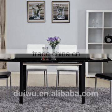 Multipurpose table extendable long narrow black tempered glass dining table