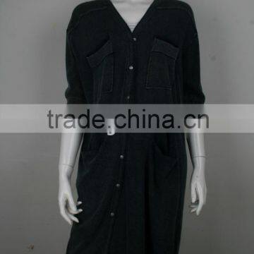 Womens' V Neck Short Sleeve Long Dress Cardigan Knitted Sweater With Acid Wash