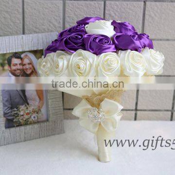 Elegant Purple Satin Ribbon Pearls Bridal Bouquet Bridesmaids Bouquet Wedding Flowers photo-5