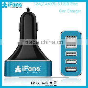 5V aluminum mobile phone portable 5 usb car charger,car battery charger with smart controller ic