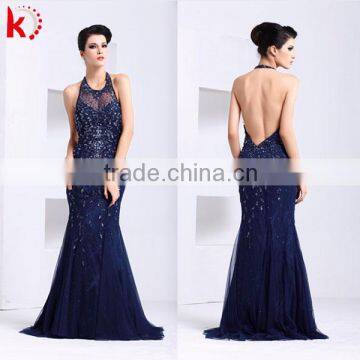 Sexy Backless Halter See through Beaded Elegant Royal blue Fishtail evening dress