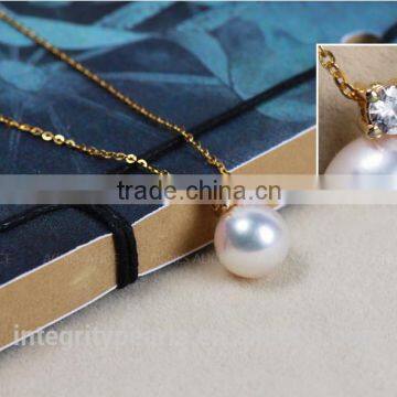 7.5-8mm AAA Natural Akoya Seawater Zircon Gold Pearl Pendant Simple Design Necklace, Pearl Pendant Gold photo-2