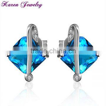 New Elegant Big Sapphire Blue Zircon Crystal Stud Earrings for Women Platinum Plated Gold Earring fashion earrings 2014