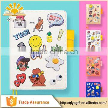 cute cartoon stickers pu leather kids refillable notebook with pen loop