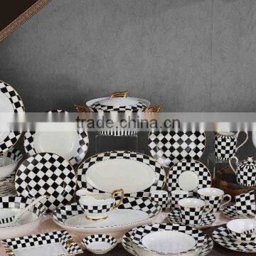 Black and white grid design 70pcs for six bone china dinnerware set