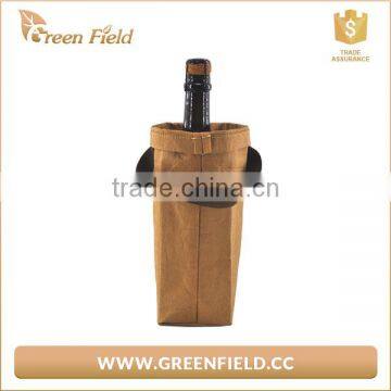 Brown washable kraft paper single wine bottle bag with handles