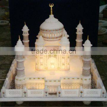 White Marble Taj Mahal Replica With Lighting Handcrafted Showpiece