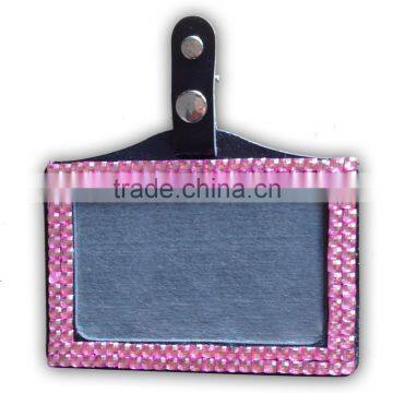 ID Holder With Pink Gem, High Quality Promotion Gift PU Leather Badge Holder With Crystal Gem Decoration photo-4