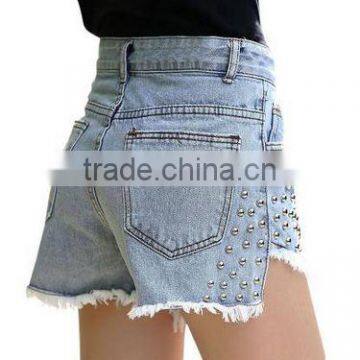 High-Rise Waist Denim Rip Shorts With Rivet Embellished photo-2