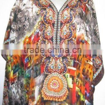 DIGITAL Print Crepe Silk Embellished Kaftan CAFTAN Tunic Poncho Blouse photo-2