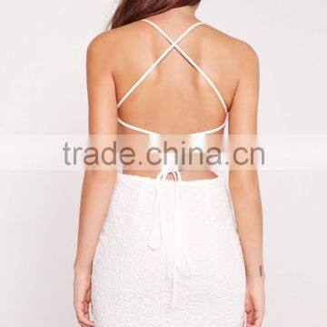 Wholesale Top Quality Strappy Lace Bodycon Dress White Cross Back Evening Dress Embroidered Lace Up V Neck Midi Dress photo-4