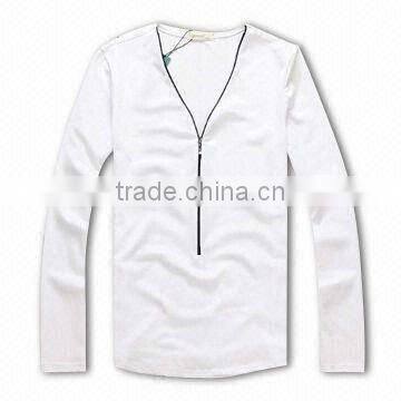 Men's T-shirt with Zipper, V-collar and Long Sleeves, Available in White