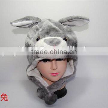 Gray Rabbit Plush Warm Hat Earmuff With Ear Poms Cartoon Animal Cap