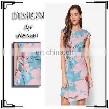 Latest women clothing high quality cap sleeve print side ruched dresses for women