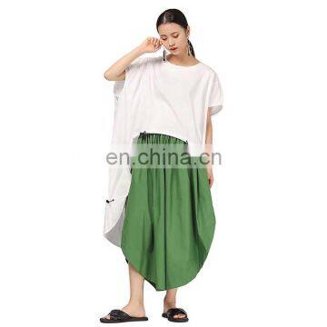 TWOTWINSTYLE Women Long T-shirt O Neck Short Sleeve Asymmetrical Drawstring Hem Loose Plus Size