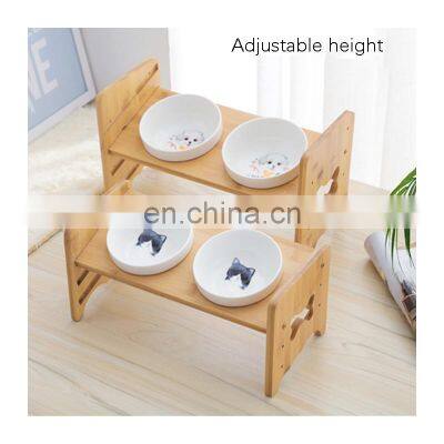 Advanced Technology Pet Food and Water Dog Cat Eating Bowl Ceramic Iron Stainless Steel Feeder High Adjustable Tilt Bamboo Stand photo-2