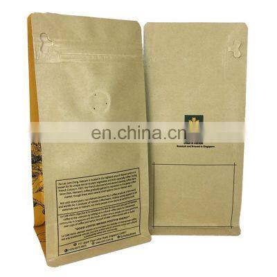 Custom recyclable 100g matte aluminium foil square bottom kraft paper coffee bag with one way valve zipper snack bag with window